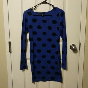 Long sleeved blue and black polka dot dress